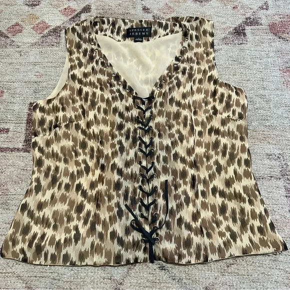Y2K silk Leopard print tank top with lace up detail size medium - Picture 5 of 10